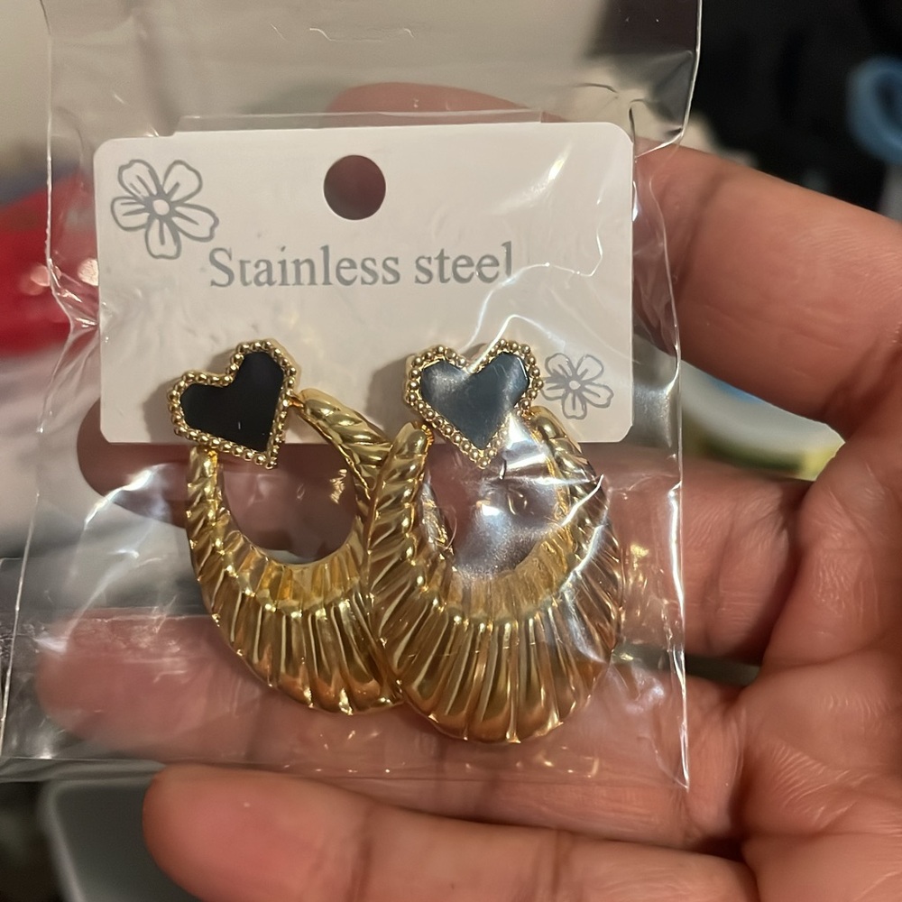 Gold Stainless Steel Hoop Earrings with Black Heart Studs